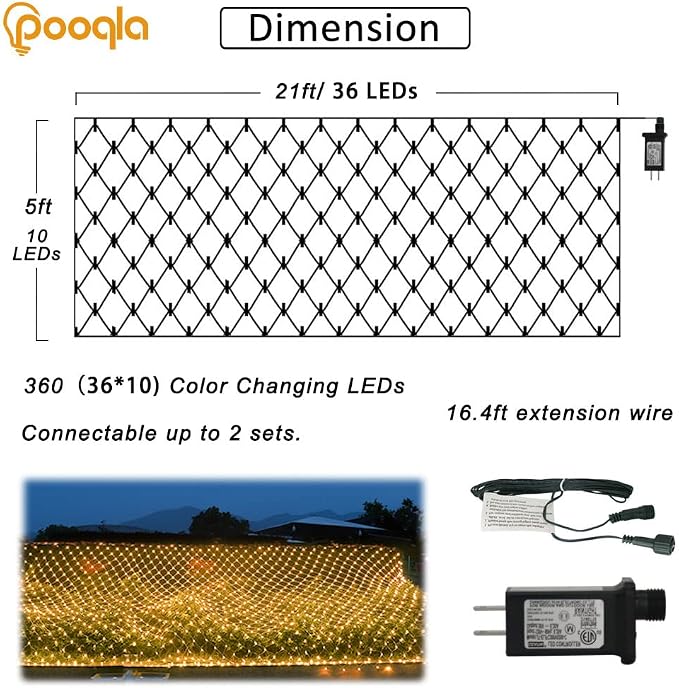 Pooqla Warm White Net Lights, 21x 5ft Christmas Lights Outdoor Green Wire | 360 LED Large Net Mesh Lights Plug in, 8 Modes Waterproof Connectable Bushes Lights for Christmas Hedge Yard Decor