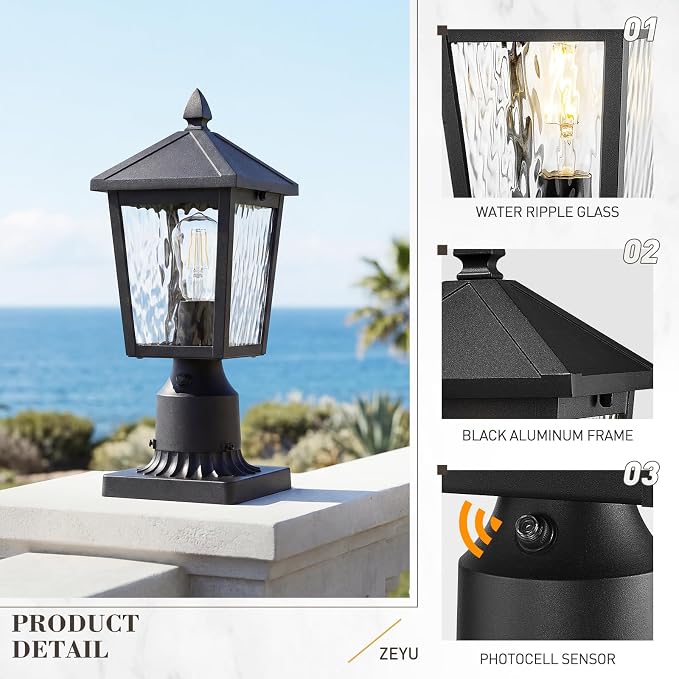 zeyu Lantern Post Light Fixture with Photocell Sensor, 13.7 Inch Dusk to Dawn Outdoor Post Lighting, Exterior Pole Lighting Fixture with Water Ripple Glass, 20076PS-PC BK-WP