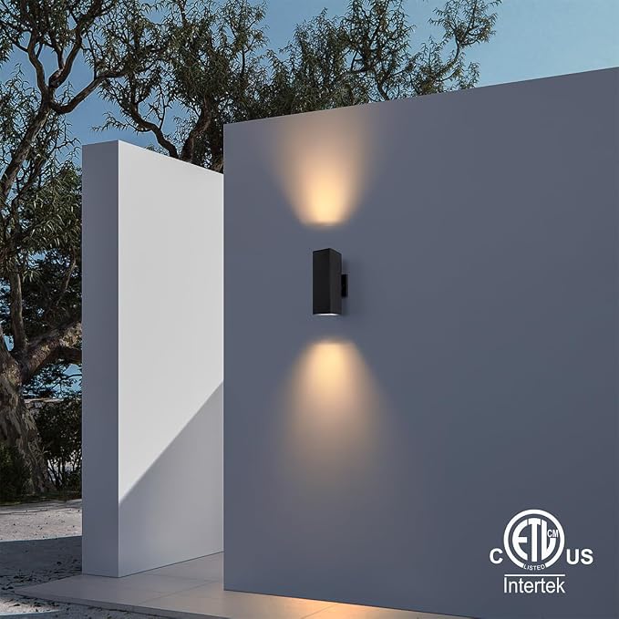 mirrea 12" Modern Outdoor Porch Light in 2 Lights, Matte Black, 4 Pack | Patio wall sconce, aluminum rectangular tube, tempered glass, waterproof. Up & down lighting for outdoor wall mount fixture.