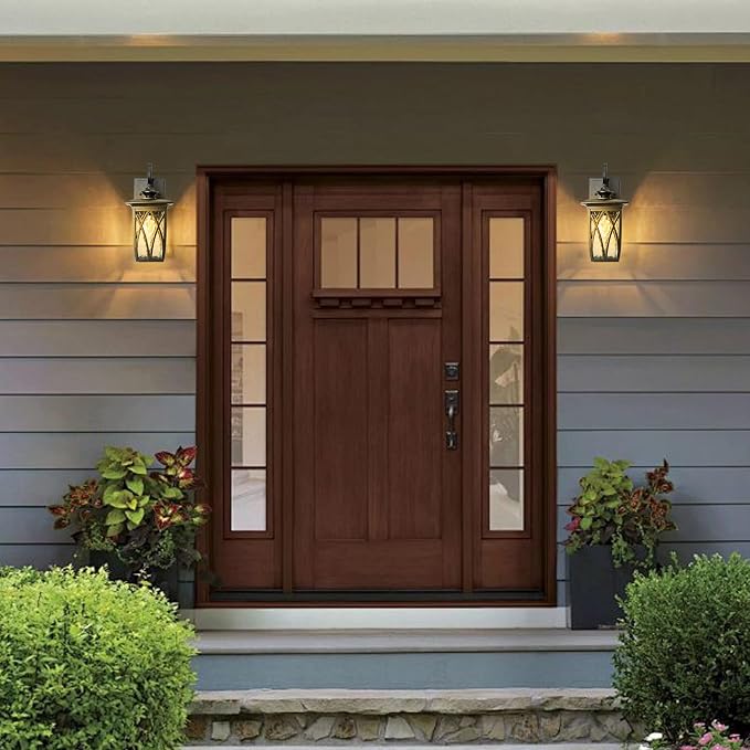 Outdoor Porch Light Wall Mount,18'' Exterior Waterproof Wall Lighting Fixtures,Wall Sconce Light with E26 Socket & Water Ripple Glass Shades, Matte Black Outside Wall Lantern for Patio Front Door