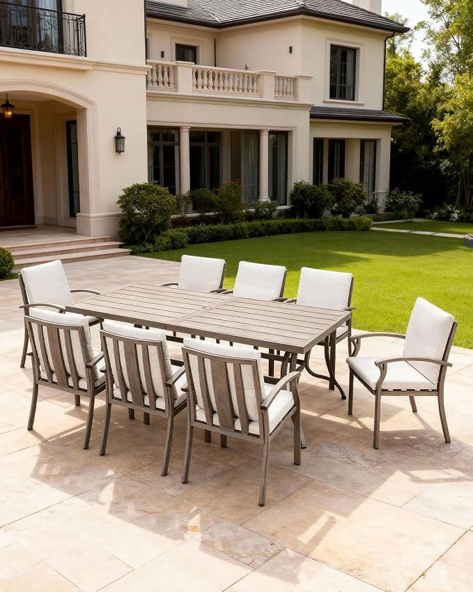 9-Piece Outdoor Dining Set, Never Rusts Aluminum Patio Dining Set with Umbrella Hole, Outdoor Table and Chairs with Cushions, Patio Furniture Sets for Decks, Lawn, Garden, Backyard, Limed Oak