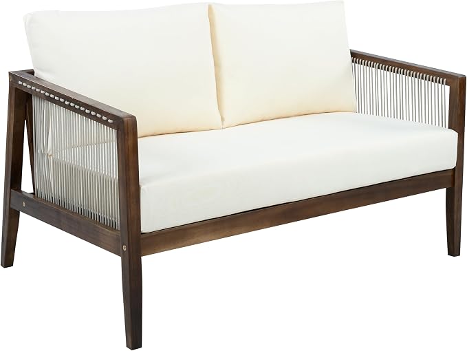 Christopher Knight Home Lalulu Outdoor Loveseat Sofa and Coffee Table Set, Acacia Wood Patio Furniture Set with Cushion, Solid Wood Outdoor Conversation Set, Dark Brown+Beige