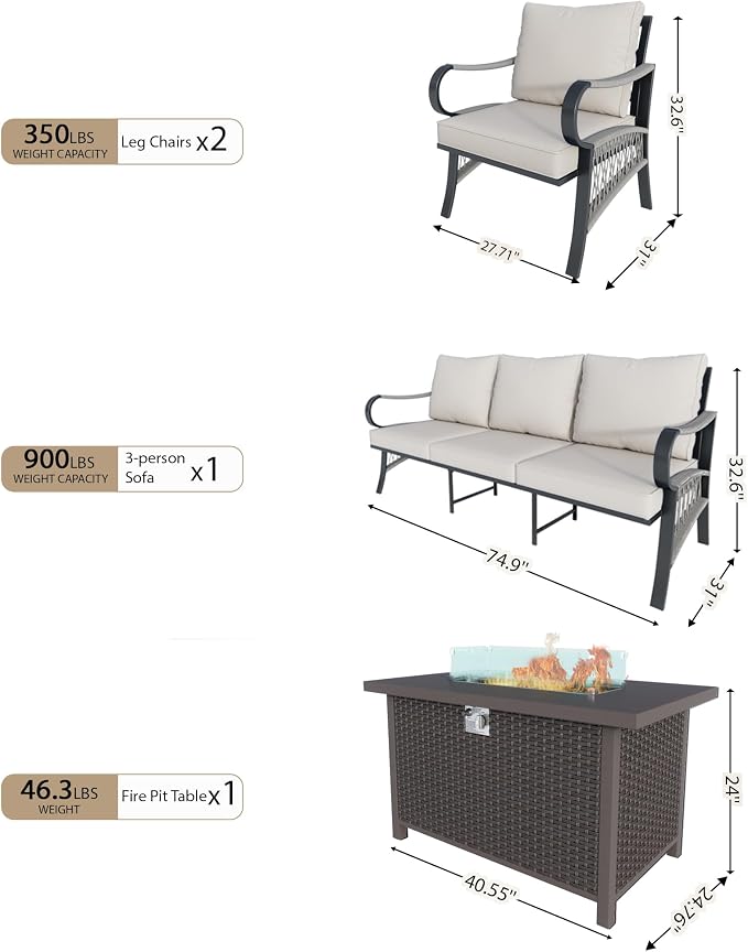 4 Pieces Patio Furniture Set, Metal Outdoor Conversation Sets with Fire Pit Table for Backyard Garden Deck Porch Poolside (Thick Beige Cushions)