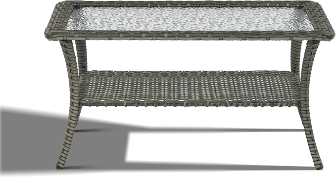 Outdoor Coffee Table - Patio Rattan Wicker Coffee Table with Tempered Glass Top and 2-Tier Storage Outdoor Table for Deck Porch Balcony Garden - Grey