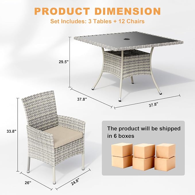 15-Piece Patio Dining Set, Patio Furniture Set with Square Tempered Glass Table & 12 Wicker Chairs, Expandable Design for Larger Groups, Outdoor Furniture for Backyard, Deck, Garden, Beige