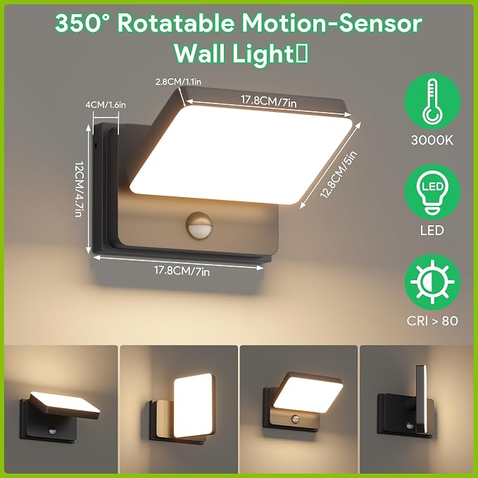 2-Pack Motion Sensor Outdoor Porch Lights Dusk to Dawn Wall Mount | 3 operating modes, IP65 waterproof aluminum construction, 3000K warm glow LED, 350° rotation