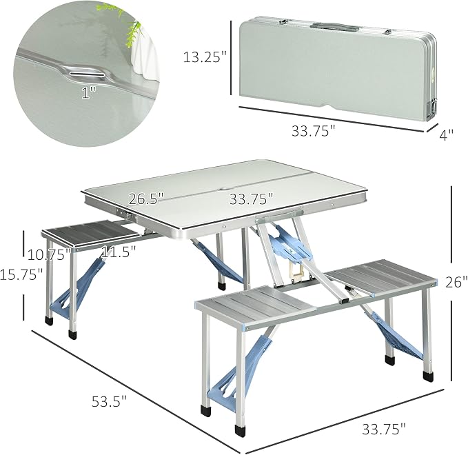 Outsunny Folding Picnic Table with Umbrella Hole, Aluminum Suitcase Portable Outdoor Table with Bench, Patio, Porch or Camping Table and Chair Set, Silver