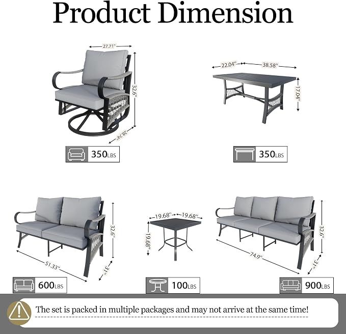 9 Pieces Patio Conversation Sets, All-Weather Metal Swivel Rocking Chairs with Rope Furniture Set, Outdoor Sofa Couch for Deck, Porch, Garden, Backyard, Poolside (Gray Cushions)