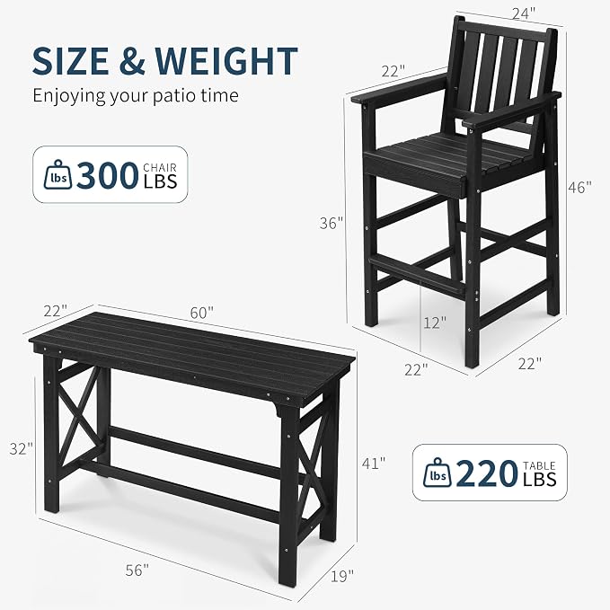 3-Piece Outdoor Bar Table and Chairs Set, HDPE Counter Height Patio Dining Sets, Adirondack Bar Height Chairs Set of 2 and Bar Table for Bistro, Poolside, Backyard, Black