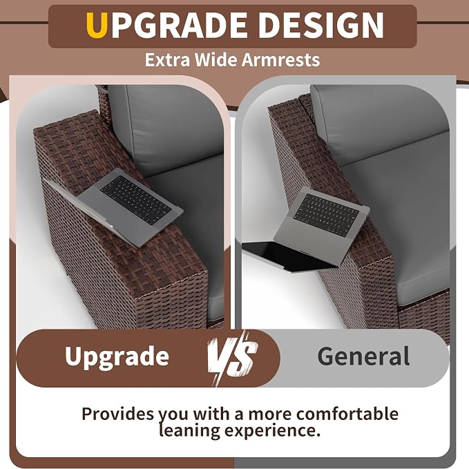 Patio Furniture with Fire Pit Table,8‘’ Wide armrest Outdoor Sectional Rattan Sofa Set, Wicker Patio Furniture Sets w/Coffee Table,Thick Cushions and Cover for Porch, Deck, 9 PC (Brown&Grey)