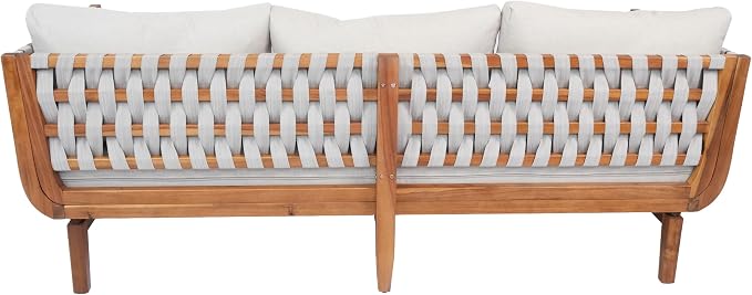 Merax Patio Rope Woven 3-Seater Sofa, Outdoor Acacia Wood Sofa Daybed with Water Repellent Fabric Cushion and Sturdy Base for Porch, Lawn, Backyard, Balcon, Teak+ Beige