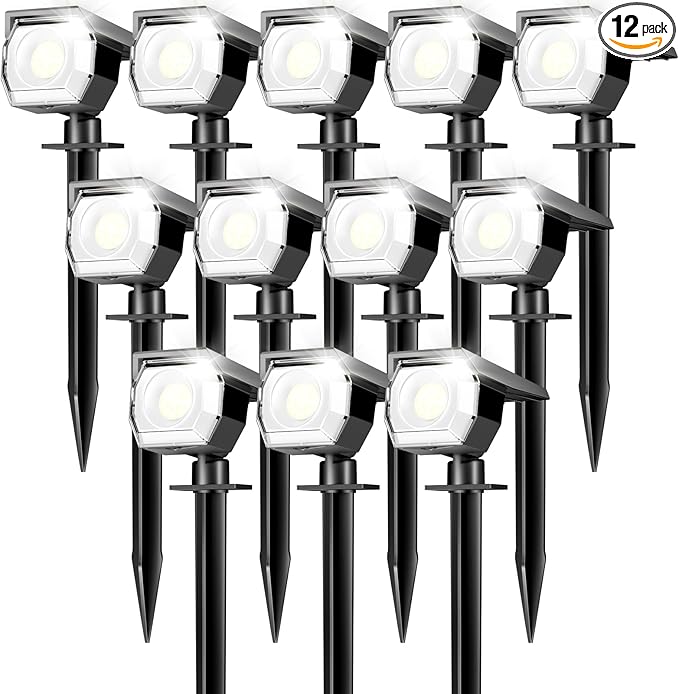 12 Pack Solar Spot Lights Outdoor Waterproof, Landscape Spotlights | Cool White, Solar Powered, Auto On/Off, Lighting for Outside Pathway Yard Lawn Flag Garden Walkway Pathway