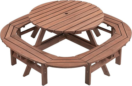 70 in. Round Wooden Picnic Table for 10-12 Persons with Built-in Ring Stool, 500 lbs Capacity Outdoor Dining Set for Patio, Backyard, Garden, DIY Walnut Brown with Umbrella Hole