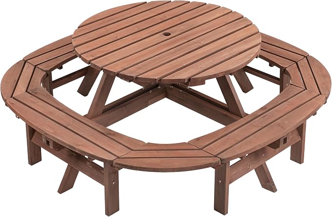 8 Person Outdoor Picnic Table with 4 Ring Built-in Benches Round Wood Picnic Table with Umbrella Hole, Outside Picnic Tables and Bench Set for Garden,Patio, Backyard,2220LBS Capacity,Walnut Brown