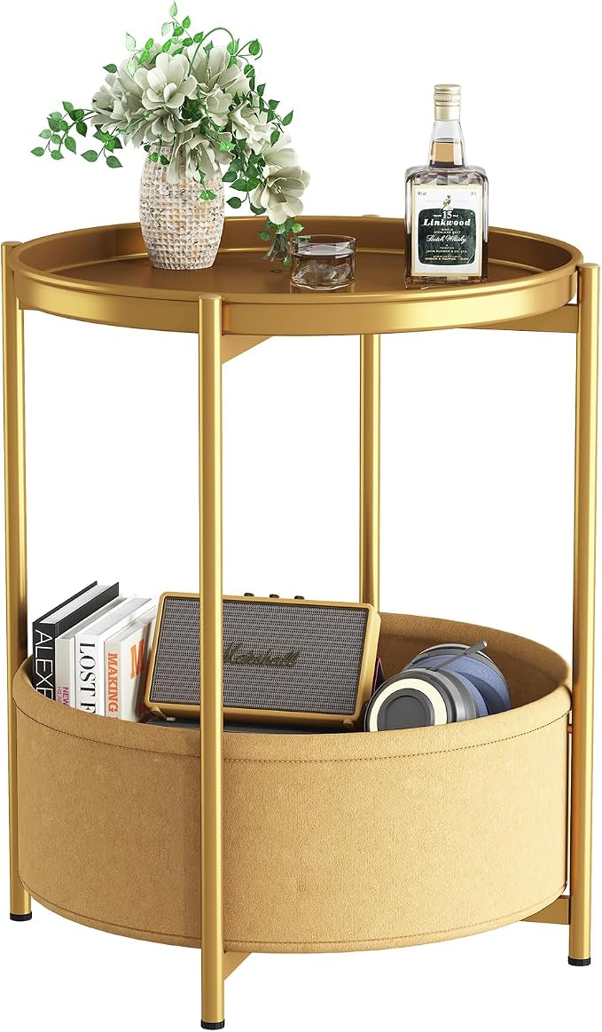 Garden 4 you Side Table with Fabric Storage Basket, Round Metal End Table, Small Bedside Table Nightstand with Removable Tray, for Nursery, Living Room, Bedroom, Bathroom, Gold