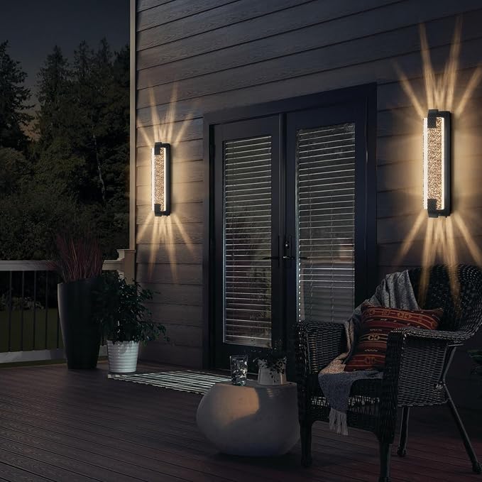 camuucci Dusk to Dawn Outdoor Wall Light, Sparkling Glow Porch Sconce | IP65 Waterproof Exterior LED Wall Light, Bubble Acrylic Design, 23.6-Inch Front Door Light for Porch Patio,Black