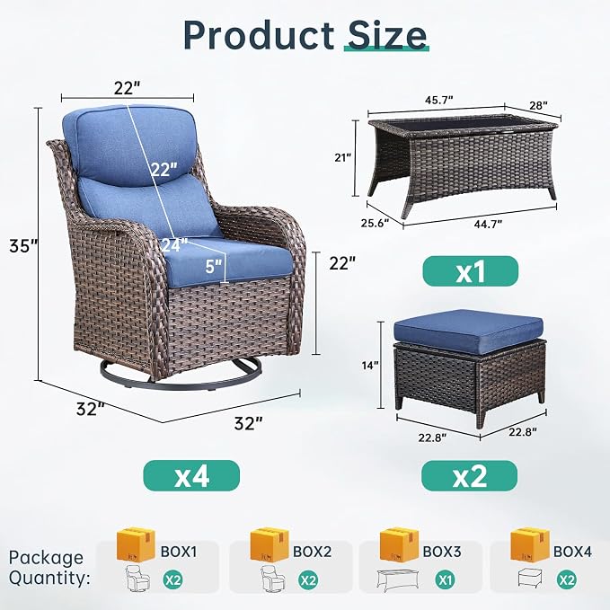 Outdoor Swivel Rocker Patio Chairs Set of 4 with Ottoman Coffee Table - 5" Thick Cushion 7 Piece Furniture Set All Weather Comfortable Wicker Conversation Set for Porch Deck - Brown/Blue