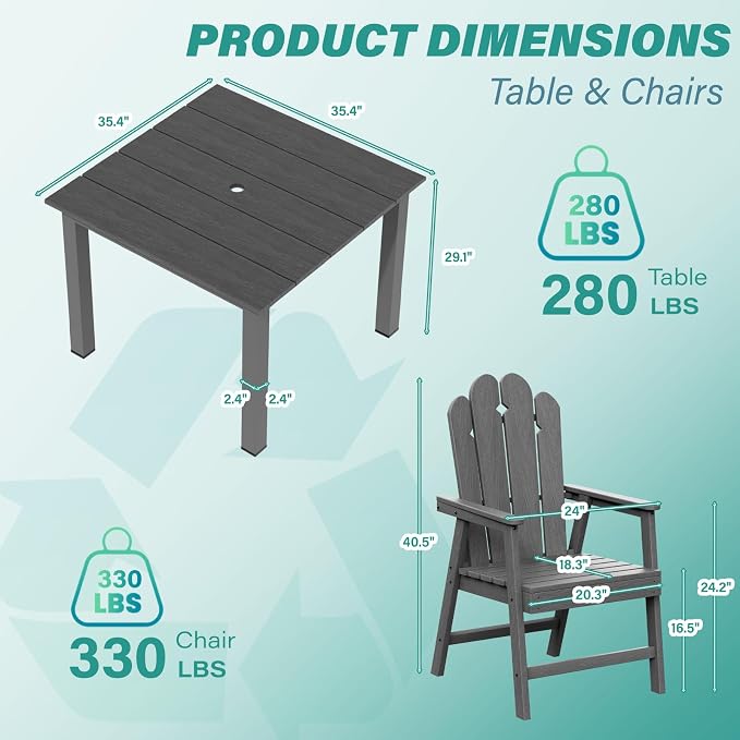 5 Piece Outdoor Table and Chairs Set, HDPE Weather Resistant, Gray | 4 seat HDPE patio dining set,high back fade resistant and waterproof, easy clean, ideal for small outdoor spaces