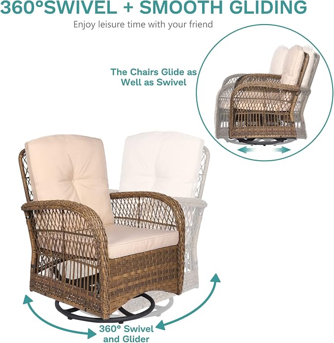 MEETWARM 5 Pieces Outdoor Patio Rattan Furniture Sets, All Weather Patio Wicker Conversation Set - 2 Rocking Swivel Chairs 1 Rattan Loveseat Glider with Cushions, 2 Glass-Top Coffee Table, Beige