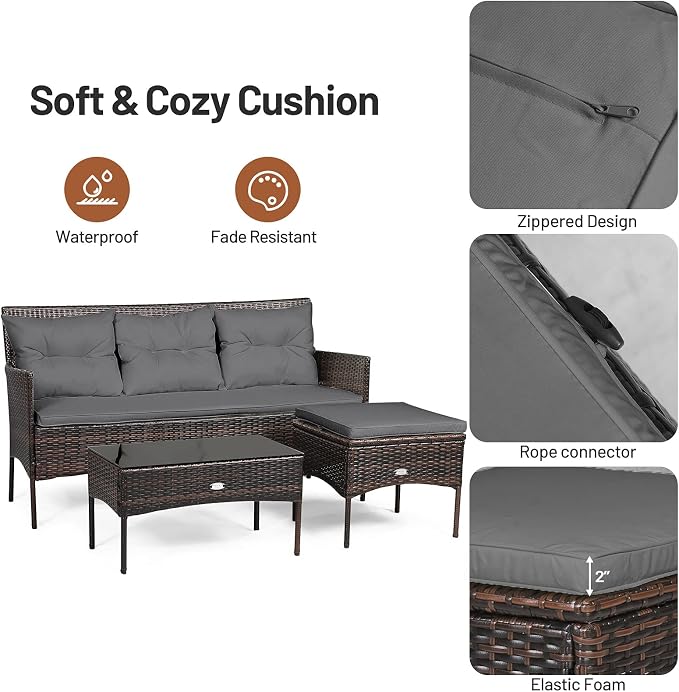 RELAX4LIFE 3 Pieces Patio Furniture Sectional Set, Rattan Wicker Conversation Set W/ 5 Cozy Seat & Back Cushions, Tempered Glass Coffee Table for Poolside, Balcony, Backyard Outdoor Furniture (Gray)
