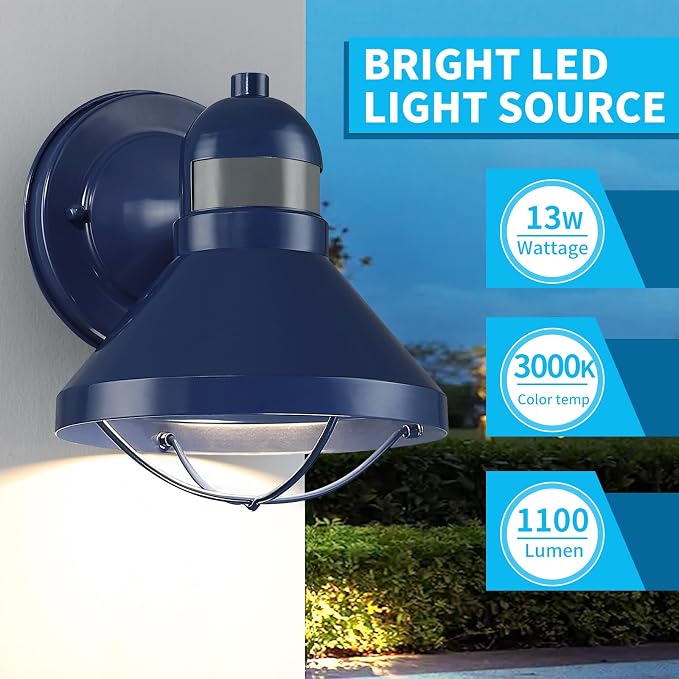 Motion Sensor Outdoor LED Wall Sconce Dusk to Dawn Exterior Barn Lighting | Blue Outside Porch Light Fixture Waterproof Farmhouse Wall Mount Lamp for House Garage Entryway