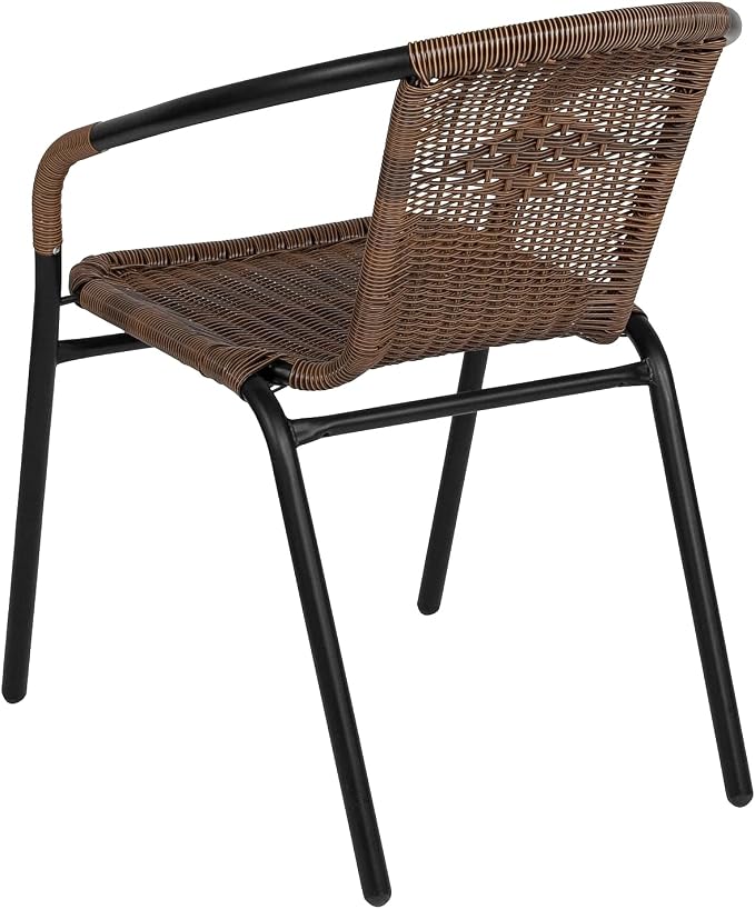 Flash Furniture Lila 28'' Square Glass Metal Table with Dark Brown Rattan Edging and 4 Dark Brown Rattan Stack Chairs