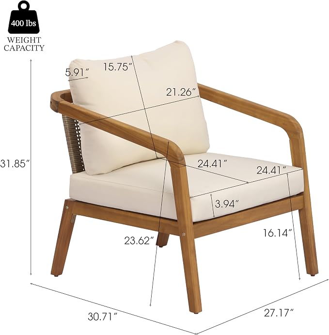 Merax 2 Piece Acacia Wood Outdoor Patio Club Chair with PE Wicker Backrest & Cushions– Modern Accent Armchair for Balcony, Poolside, and Sunroom