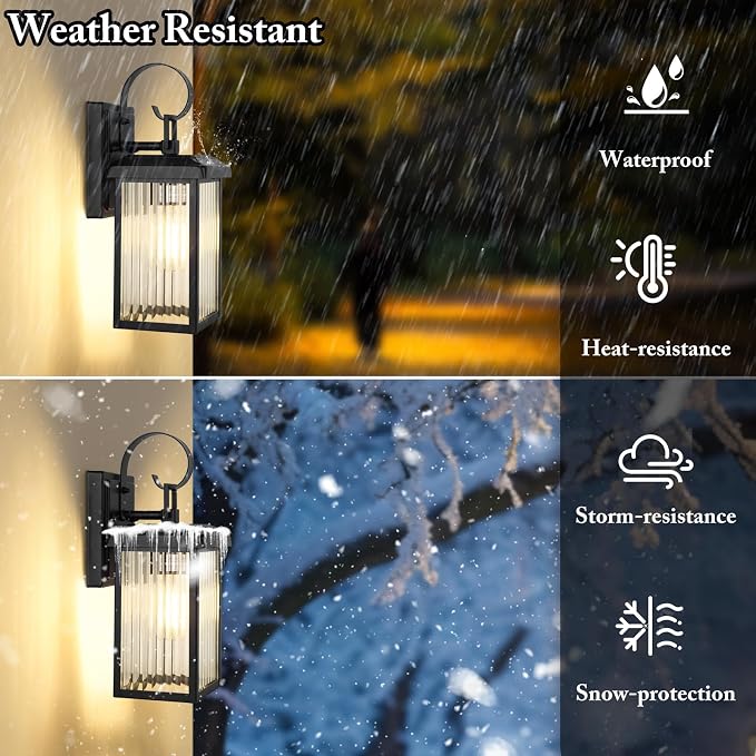 BesLowe 2-Pack Outdoor Wall Light Fixtures with Fluted Glass, Black | Waterproof, Rust-Resistant, Durable Metal, Standard E26 Socket, Easy to Install