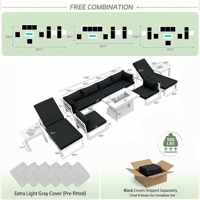 RADIATA 8 Seat Large Aluminum Patio Conversation Set with Lounge & Fire Pit Table, 29" Deep Wide Seat, High End Modular Sectional Seating, 500 lbs Heavy Duty Anti-Rust Outdoor Sofa for Poolside, Black