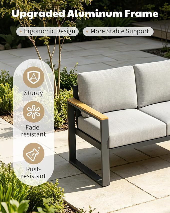 IDEALHOUSE Aluminum Outdoor Patio Furniture - 1 Pcs 3-Seat Sofa and Coffee Table, All-Weather Metal Modern Outside Furniture with Washable Thick Cushion for Balcony, Garden, Deck, Backyard,Gray