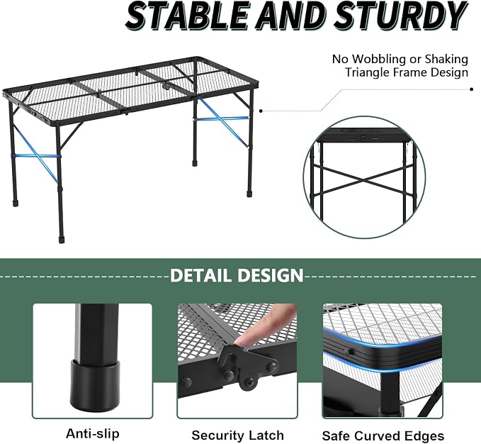 WildFinder Folding Gril Table, 4x2 FT Camping Table with Mesh Desktop,Height Adjustable Folding Grill Table with Mesh Bag,Portable Outdoor for Picnic,Camping,BBQ,Beach(Black)