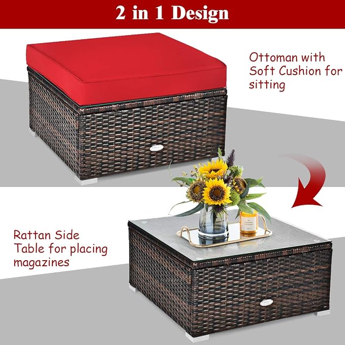 Tangkula 6 Pieces Wicker Patio Furniture Set, PE Rattan Outdoor Sectional Conversation Set with Glass Coffee Table & Ottoman, Wicker Sofa Set with Cushions for Yard Garden, Deck, Porch (Red)