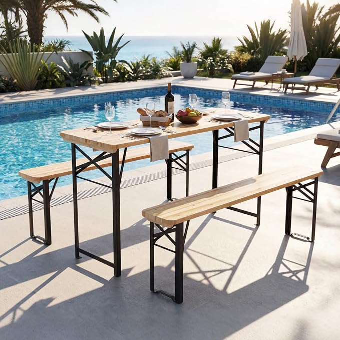 Byroce Folding Picnic Table Set with Benches, 47” Fir Wood Beer Table Set, Outdoor Dining Table with Heavy-Duty Metal Frame, Foldable Picnic Table for Patio, Garden, Backyard, BBQ & Parties (47")