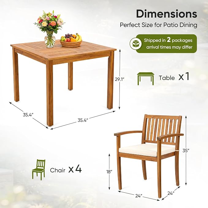 Devoko 5 Pieces Patio Table and Chairs Set Acacia Wood Outdoor Furniture | Patio Dining Set with Comfy Cushions for 4, Outdoor Dining Table and Chairs for Lawn, Garden, Backyard, Deck, Natural Wood