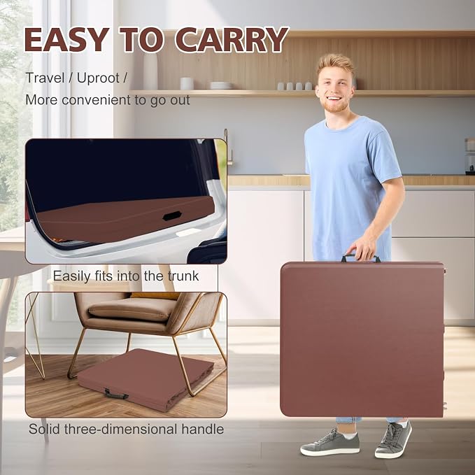 Portable 4Ft Folding Table, Heavy Duty Plastic Fold-in-Half Utility Foldable Table, Adjustable Height Plastic Folding Table with Carrying Handle for Camping &Party Indoor/Outdoor (Brown)