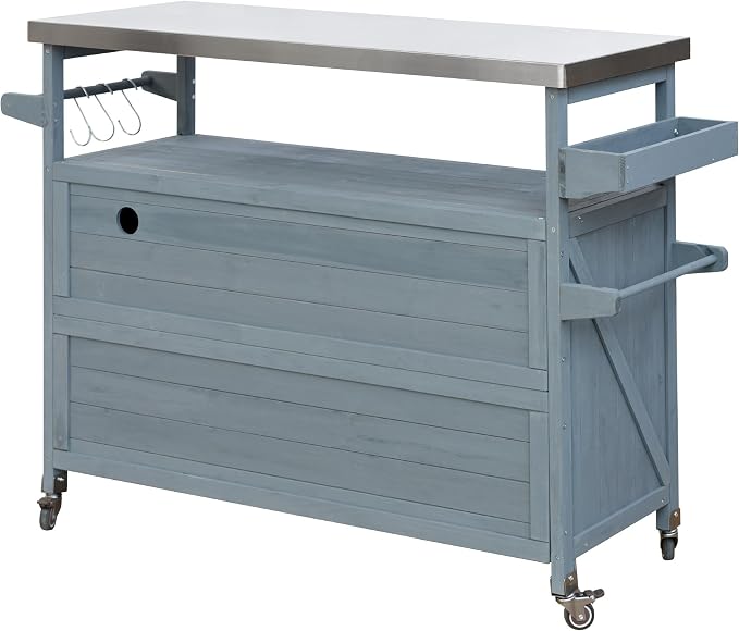 Outdoor Grill Table Bar Cart with Stainless Steel Top, Farmhouse Solid Wood Outdoor Kitchen Island with Spice Rack and Towel Rack, Rolling Island Cart for Kitchen, BBQ, Garden, Patio, Grey Blue