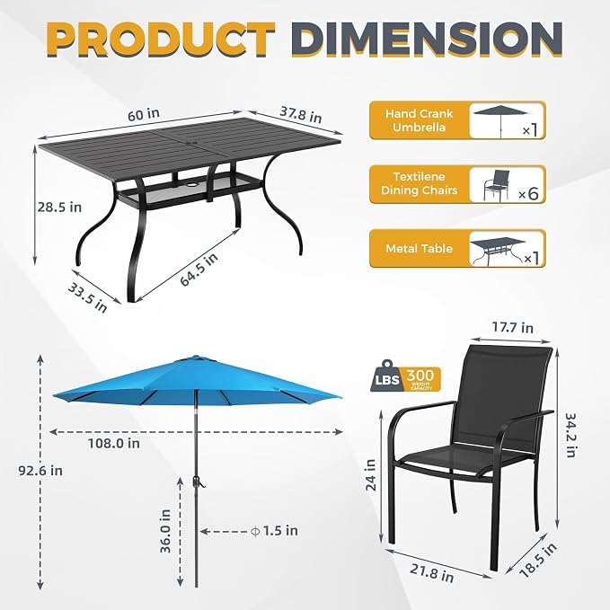 Crownland 7 Piece Patio Dining Set, Outdoor Textilene Dining Sets, 6 Textilene Metal Chairs and Rectangular Outdoor Dining Table with Sky Blue 9FT Round Outdoor Umbrella (Black)