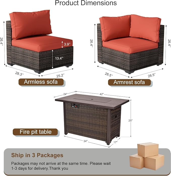 7-Pieces Patio Furniture Sets Outdoor Sectional Sofa with 44'' Propane Rattan Wicker Firepit Table, Patio Sectional Conversation Set with Cushions for Backyard, Poolside, Garden Red