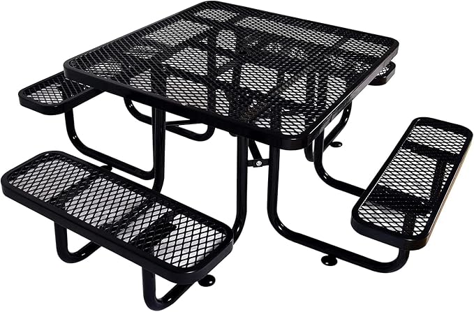 46" Square Metal Picnic Table for 4-8 Person, Durable Heavy Duty Commercial Picnic Table with Umbrella Hole for Outdoor Coffee Shop, School, Hospital, Easy to Install, Black