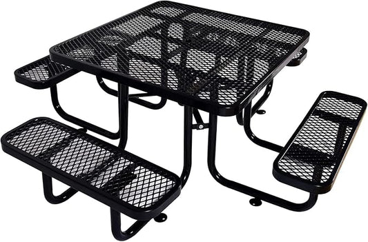 46" Square Metal Picnic Table for 4-8 Person, Durable Heavy Duty Commercial Picnic Table with Umbrella Hole for Outdoor Coffee Shop, School, Hospital, Easy to Install, Black