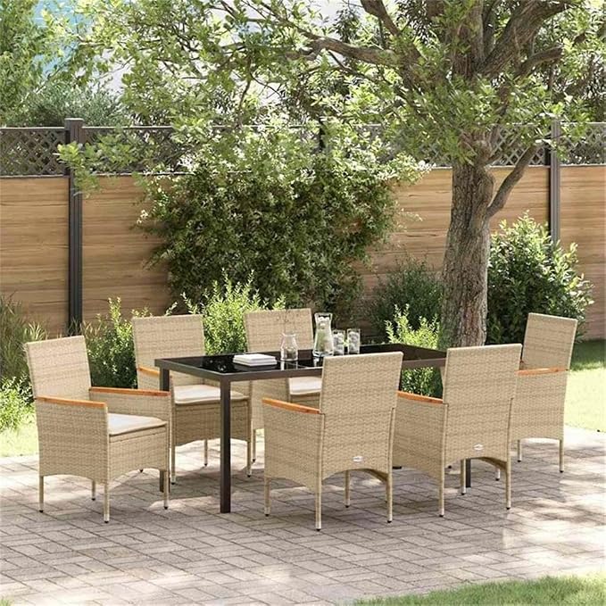 Afuera Living 7-Piece Poly Rattan Garden Dining Set, Beige Cushions, Outdoor Patio Furniture, Tempered Glass Tabletop, UV-Resistant, Weatherproof, Ergonomic Seating, Modern Style for Patio or Garden