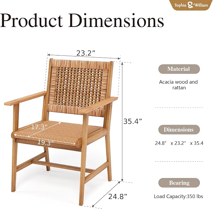 Sophia & William 2-Piece Patio Dining Set, Rattan, Chairs, Dark Brown | Rattan, Wicker, Wood, Weather resistant, Breathable fabric