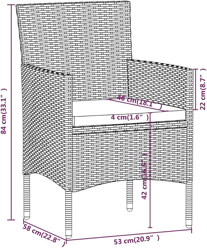 3-Piece Garden Dining Set, Square PE Rattan Patio Bistro Table and 2 Chairs with Cushions, Grey and Black Outdoor Furniture Conversation Set for Balcony, Backyard and Terrace