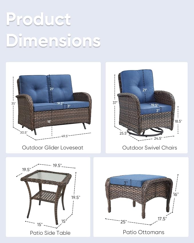 6 Pieces Patio Wicker Furniture Set-Outdoor Swivel Chairs Set of 2 Outdoor Glider Love seat with Outdoor Footstool Patio Furniture for Deck Porch Garden Balcony Poolside-Brown/Blue