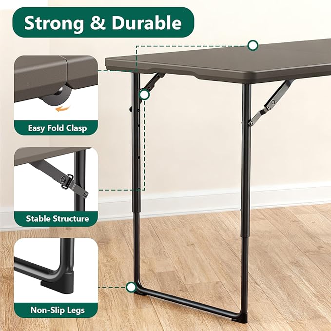 4ft Folding Table, Foldable Picnic Table Portable Table for Indoor Outdoor Use Heavy Duty Plastic Table Camping Table for Party, BBQ, Khaki