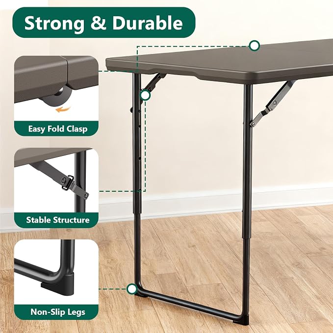 Folding Table, 4FT Foldable Picnic Table with Adjustable Height, Heavy Duty Fold-in-Half Portable Table for Weddings, Camping, RV Travel, Parties, BBQs, and Indoor Use, Easy to Fold and Store, Khaki