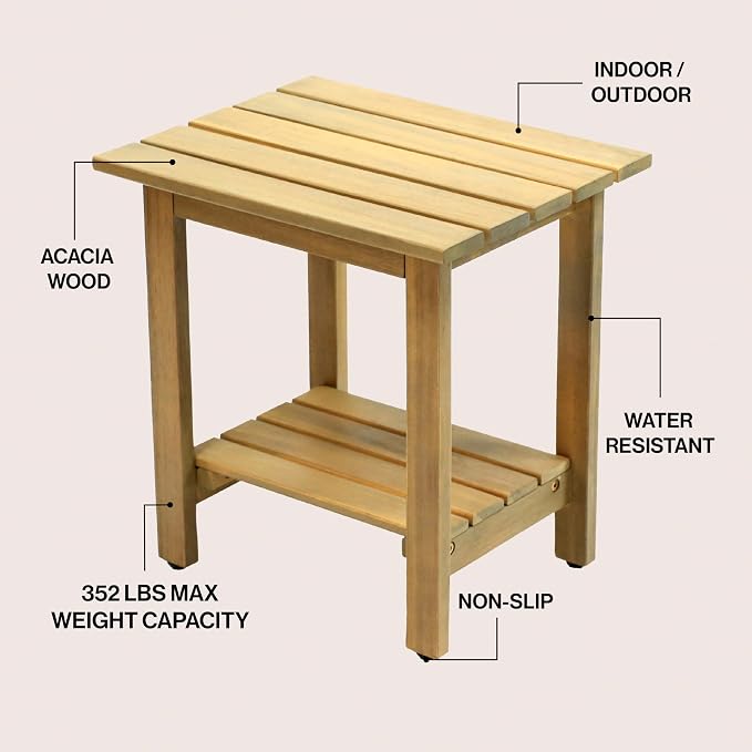 JONATHAN Y Kellie 16" Modern Light Teak Acacia Wood Outdoor Side Table with 2-Tier Storage, Weather-Resistant Rectangular Slatted End Table for Patio, Garden, Deck, and Porch END6001T