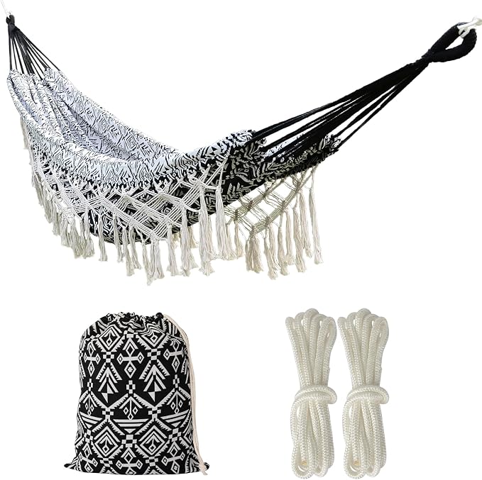 Black with Wirte Bohemian Striped Fringe Double Hammock - Soft Cotton Fabric Outdoor Indoor Hanging Bed with Durable Ropes, Space-Saving Design for Garden, Patio, Backyard, Porch, Beach Camping