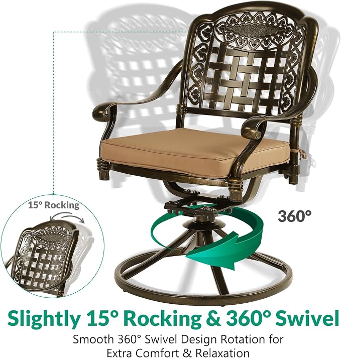 VIVIJASON 5-Piece Outdoor Patio Dining Set, All-Weather Cast Aluminum Conversation Set, Patio Furniture Set for Balcony Lawn Garden, Include 4 Swivel Cushioned Chairs, 1 Square Table w/Umbrella Hole