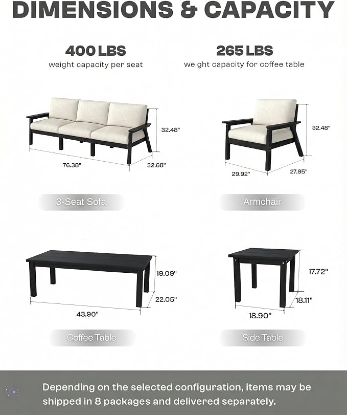 7 Piece HDPE Outdoor Furniture Set with Beige Cushions (Black Frame) | All-Weather HDPE, Modular Design, Extra-Deep Seating, Thick Cushions, Ideal for Backyard, Deck & Porch